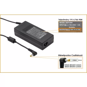  Asus 19V 4.74A 90W helyettesítő új töltő (ADP-90SB BB, PA-1900-24, EXA0904YH)