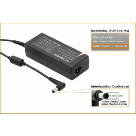   Sony VAIO 19.5V 3.9A 75W helyettesítő új töltő (VGP-AC19V37)