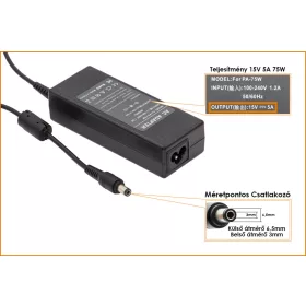   Toshiba 15V 5A 75W helyettesítő új töltő (ADP-60RHA, PA-1750-07)