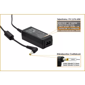   Toshiba 19V 2.37A 45W új helyettesítő töltő, PA3822U-1ACA