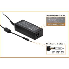   Acer 19V 3.42A 65W helyettesítő töltő, (csatlakozó átmérő: 3mm/1mm), ADP 65W, PA-1650