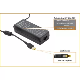   Lenovo 20V 4.5A 90W helyettesítő új töltő, sárga téglalap alakú csatlakozóval