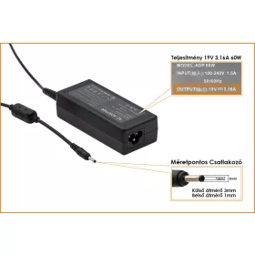  Samsung 19V 3.16A 60W 3mm x 1mm helyettesítő új töltő (AD-6019P)