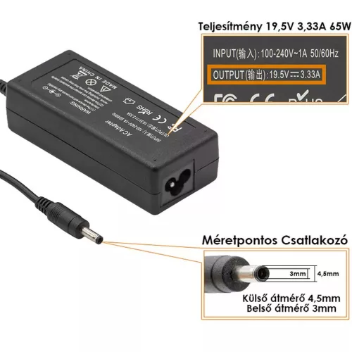HP Compaq 19.5V 3.33A 65W vékony center-pin, középső tüskés helyettesítő új töltő (709985-003, 710412-001)