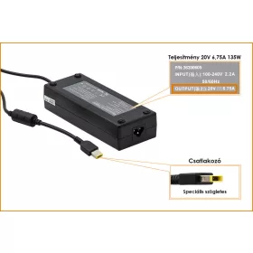   Lenovo 20V 6.75A 135W helyettesítő új töltő, sárga téglalap alakú csatlakozóval, 45N0501