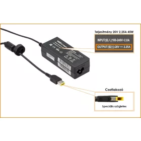   Lenovo 20V 2.25A 45W helyettesítő új töltő, sárga téglalap alakú csatlakozóval (45N0490)