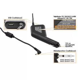  Samsung 19V 1.58/2.05/2.10A 40W UltraBook helyettesítő új autós töltő (3x1mm és USB (5V 1.5A) csatlakozóval)