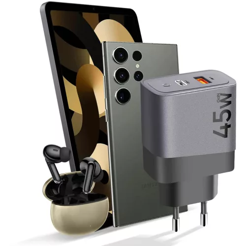 TACTICAL MICROGRID hálózati töltő USB+Type-C aljzat (45W, GaN, PD gyorstöltő 3.0) SÖTÉTSZÜRKE