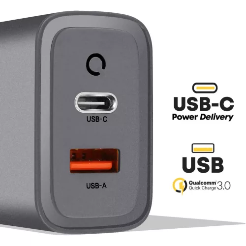 TACTICAL MICROGRID hálózati töltő USB+Type-C aljzat (45W, GaN, PD gyorstöltő 3.0) SÖTÉTSZÜRKE