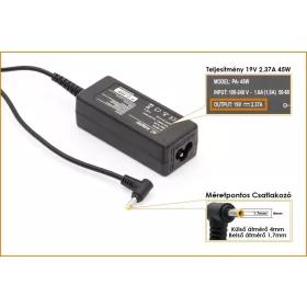   Toshiba 19V 2.37A 45W helyettesítő új töltő, PA3822E-1AC3, (csatlakozó átmérő: 4mm/1,7mm)
