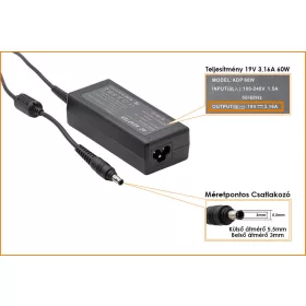   Samsung 19V 3.16A 60W (center pin) helyettesítő új töltő (AD-6019S, AD-6019R, ADP-60ZH)