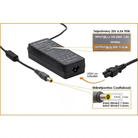   IBM Lenovo 20V 4.5A 90W használt helyettesítő töltő (40Y7711, 42T5000)