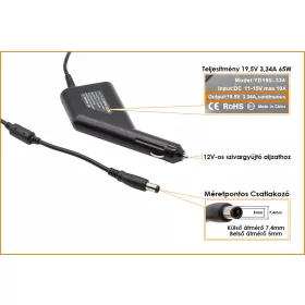   Dell PA-12 19.5V 3.34A 65W helyettesítő új autós töltő (310-2860, 310-3149)