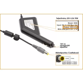   IBM Lenovo ThinkPad 20V 4.5A 90W helyettesítő új autós töltő (40Y7649, 40Y7656)