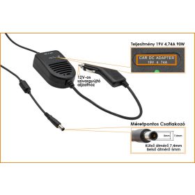   HP 19V 4.74A 90W (center pin) helyettesítő új autós töltő (ED495AA,384020-001)
