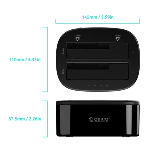 Orico HDD/SSD Dokkoló - 6228US3-C-EU-B/51/ (2x 2,5"/3,5" HDD/SSD -> USB-A, Max.: 16TB, Klón, fekete)