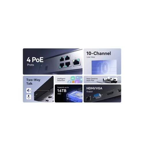 Imou NVR rögzítő - NVR-N110P4-8A0E-P (10 csatorna, 4port PoE; H265, HDMI, VGA, USB, 1x Sata (16TB), Onvif; Hangsz; Mikr)