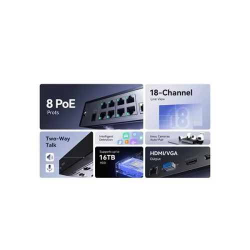 Imou NVR rögzítő - NVR-N118P8-8A0E-P (18 csatorna, 8port PoE; H265, HDMI, VGA, USB, 1x Sata (16TB), Onvif; Hangsz; Mikr)