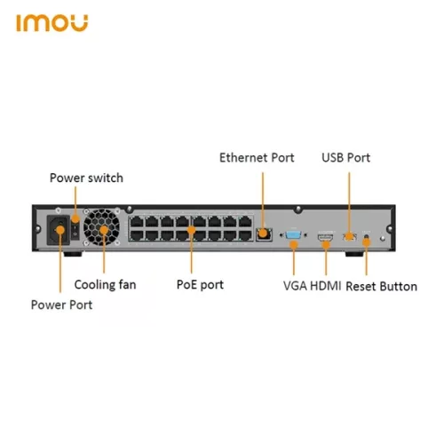 Imou NVR rögzítő - NVR-N236P16-8A0E-P (36 csatorna, 16port PoE; H265, 8MP; HDMI, VGA, USB, 2xSata(16TB); Hangsz; Mikr.)