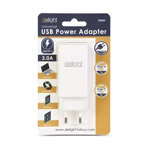 Delight USB-A 20W + Type-C (USB-C)  PD45W adapter 65W (55042), DC 5-20V, gyorstöltéssel, fehér