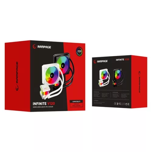 Rampage CPU Water Cooler - INFINITE V120 (Mágneses kijelző, 36,9dB max., 98,54 m3/h; 12cm, A-RGB LED, fekete)