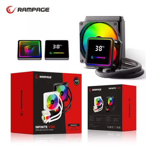 Rampage CPU Water Cooler - INFINITE V120 (Mágneses kijelző, 36,9dB max., 98,54 m3/h; 12cm, A-RGB LED, fehér)