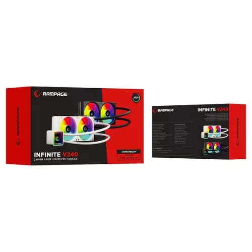 Rampage CPU Water Cooler - INFINITE V240 (Mágneses kijelző, 36,9dB max., 98,54 m3/h; 2x12cm, A-RGB LED, fekete)