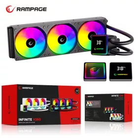  Rampage CPU Water Cooler - INFINITE V360 (Mágneses kijelző, 36,9dB max., 98,54 m3/h; 3x12cm, A-RGB LED, fekete)