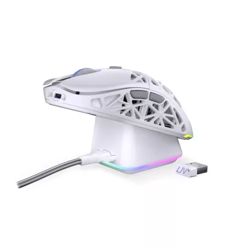 Endorfy Wireless Egér - LIV Plus Onyx White (Honeycomb, 26 000 DPI, ARGB, PixArt PAW3395, optikai, fehér) + dokkoló