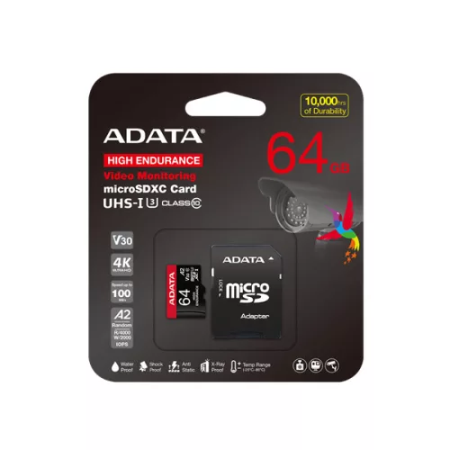 ADATA MicroSD kártya - 64GB microSDXC UHS-I U3 Class10 A2 V30S HIGH (R/W: 100/80 MB/s, 24/7 rögzítés) + adapter