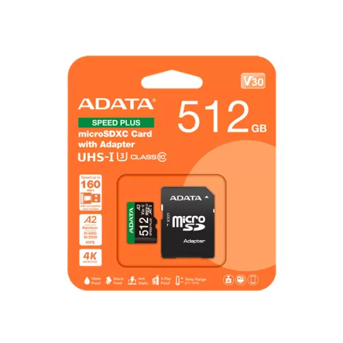 ADATA MicroSD kártya - 512GB microSDXC UHS-I U3 Class10 A2 V30 (R/W: 180/160 MB/s) + adapter