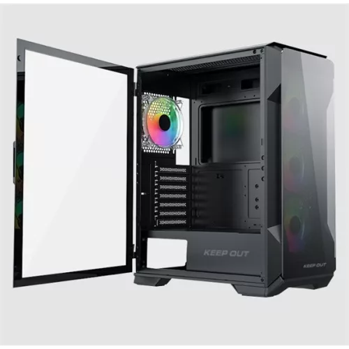 KEEP OUT Számítógépház - XC-901 PRO (fekete, ablakos, 4x12cm ARGB venti, microATX,  1xUSB3.0, 1xType-C)