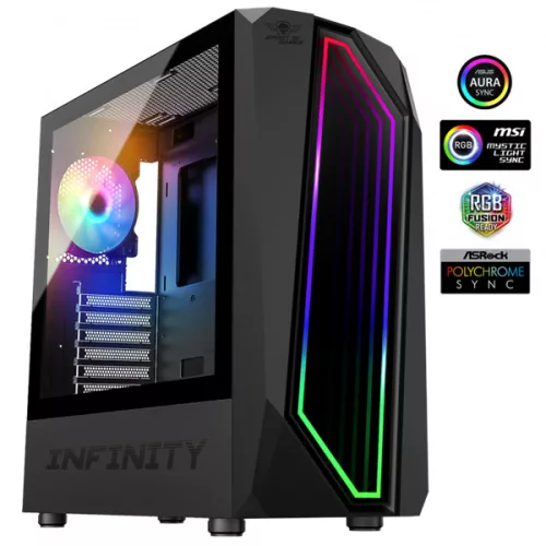Spirit of Gamer Számítógépház - INFINITY Black (fekete, ablakos, 2x12cm ventilátor, alsó táp,  ATX, 1xUSB3.0, 2xUSB2.0)