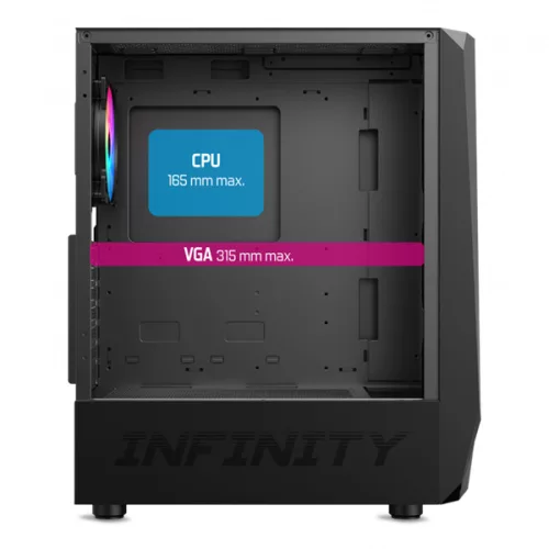 Spirit of Gamer Számítógépház - INFINITY Black (fekete, ablakos, 2x12cm ventilátor, alsó táp,  ATX, 1xUSB3.0, 2xUSB2.0)