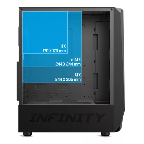 Spirit of Gamer Számítógépház - INFINITY Black (fekete, ablakos, 2x12cm ventilátor, alsó táp,  ATX, 1xUSB3.0, 2xUSB2.0)