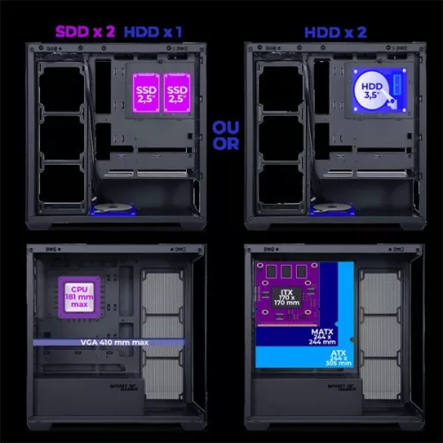 Spirit of Gamer Számítógépház - SPARK Black (fekete, ablakos, 6x12cm ventilátor, alsó táp,  ATX, 2xUSB3.0, 1xUSB-C)