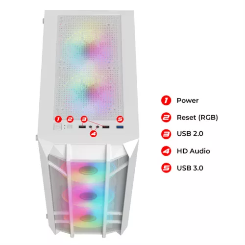 Spirit of Gamer Számítógépház - REBEL NX White (fekete, ablakos, 4x12cm ventilátor, alsó táp,  ATX, 1xUSB3.0, 2xUSB2.0)