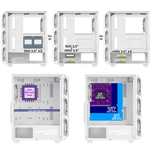 Spirit of Gamer Számítógépház - REBEL NX White (fekete, ablakos, 4x12cm ventilátor, alsó táp,  ATX, 1xUSB3.0, 2xUSB2.0)