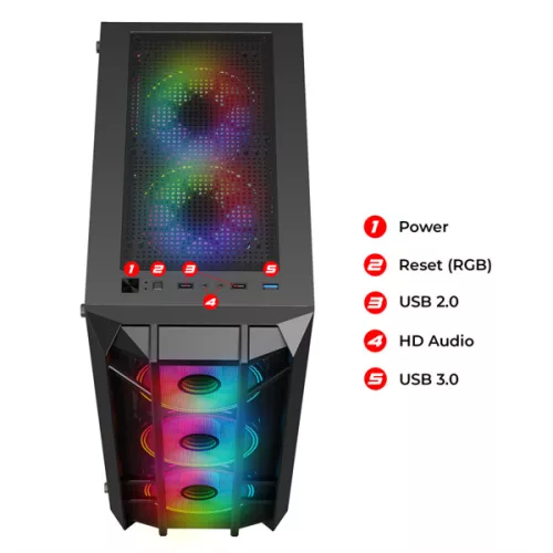 Spirit of Gamer Számítógépház - REBEL NX Black (fekete, ablakos, 4x12cm ventilátor, alsó táp,  ATX, 1xUSB3.0, 2xUSB2.0)