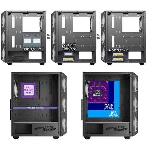 Spirit of Gamer Számítógépház - REBEL NX Black (fekete, ablakos, 4x12cm ventilátor, alsó táp,  ATX, 1xUSB3.0, 2xUSB2.0)