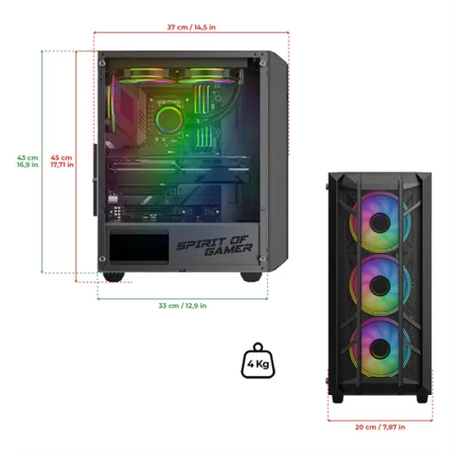 Spirit of Gamer Számítógépház - REBEL NX Black (fekete, ablakos, 4x12cm ventilátor, alsó táp,  ATX, 1xUSB3.0, 2xUSB2.0)