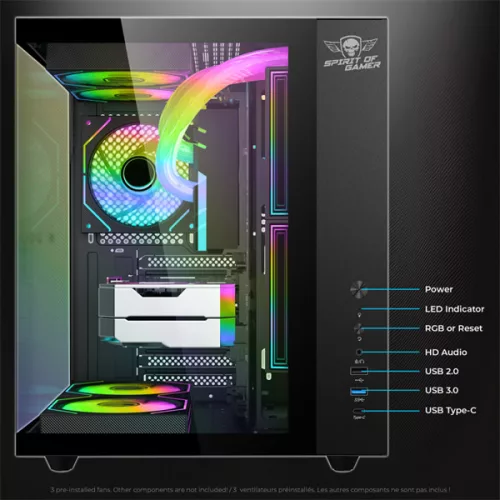 Spirit of Gamer Számítógépház - BANDIT GT (fekete, ablakos, 3x12cm ventilátor, alsó táp,  ATX, 1x USB-C, 3x USB-A)