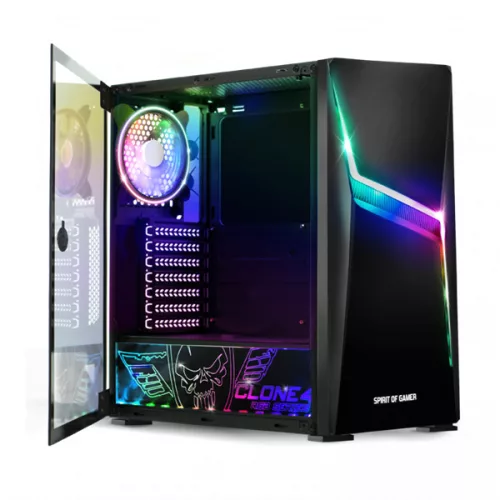 Spirit of Gamer Számítógépház - CLONE 4 Black (fekete, ablakos, 2x12cm ventilátor, alsó táp,  ATX, 1xUSB3.0, 2xUSB2.0)