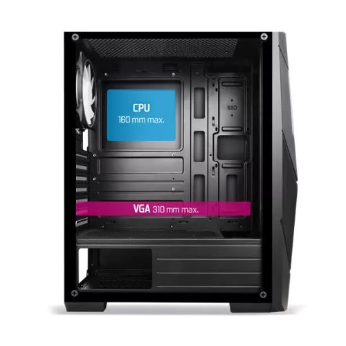 Spirit of Gamer Számítógépház - Rogue V RGB (fekete, ablakos, 2x12cm ventilátor, alsó táp,  ATX, 1xUSB3.0, 2xUSB2.0)