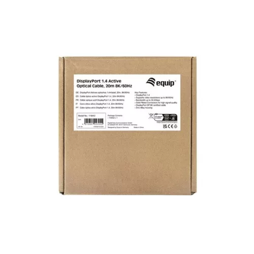 Equip Kábel - 119442 (Aktív, DisplayPort 1.4, apa/apa, 8K/60Hz, HDCP/HDR/DSC/MST, aranyozott, 20m)