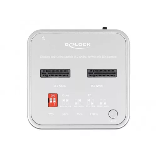 Delock Dokkoló állomás - 64138 (1 x M.2 NVMe SSD + 1 x M.2 SATA SSD számára SD Express (SD 7.1) kártyaolvasóval és klón