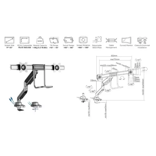 Equip Monitor Asztali konzol - 650161 (17"-32", 2 monitor, dönthető, forgatható, Max.: 2x9kg, fekete/ezüst)