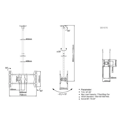 Equip TV Mennyezeti konzol - 650370 (32"-65", 2 kijelző, Max.: 120kg, dönthető, forgatható, állítható magasság, fekete)