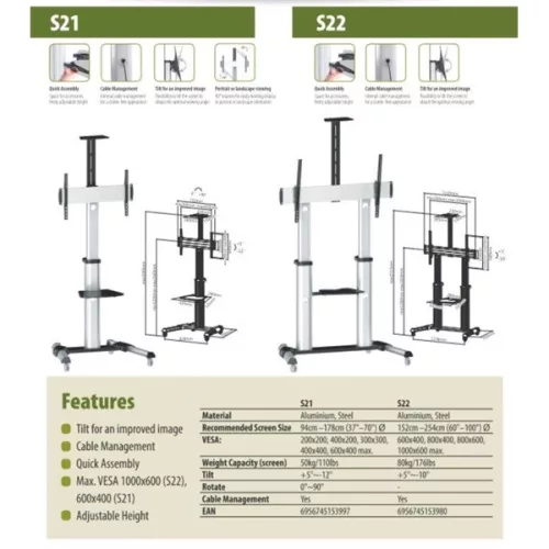SUNNE (S21) TV állvány, gurulós, 37"-70", max 50kg (ezüst)