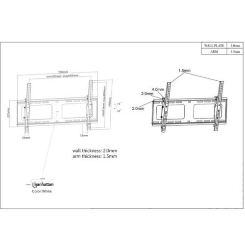 Manhattan TV állvány - Fali , dönthető TV állvány Fekete (max.VESA:600x400)(37"-80"-ig) 80kg teherbírás